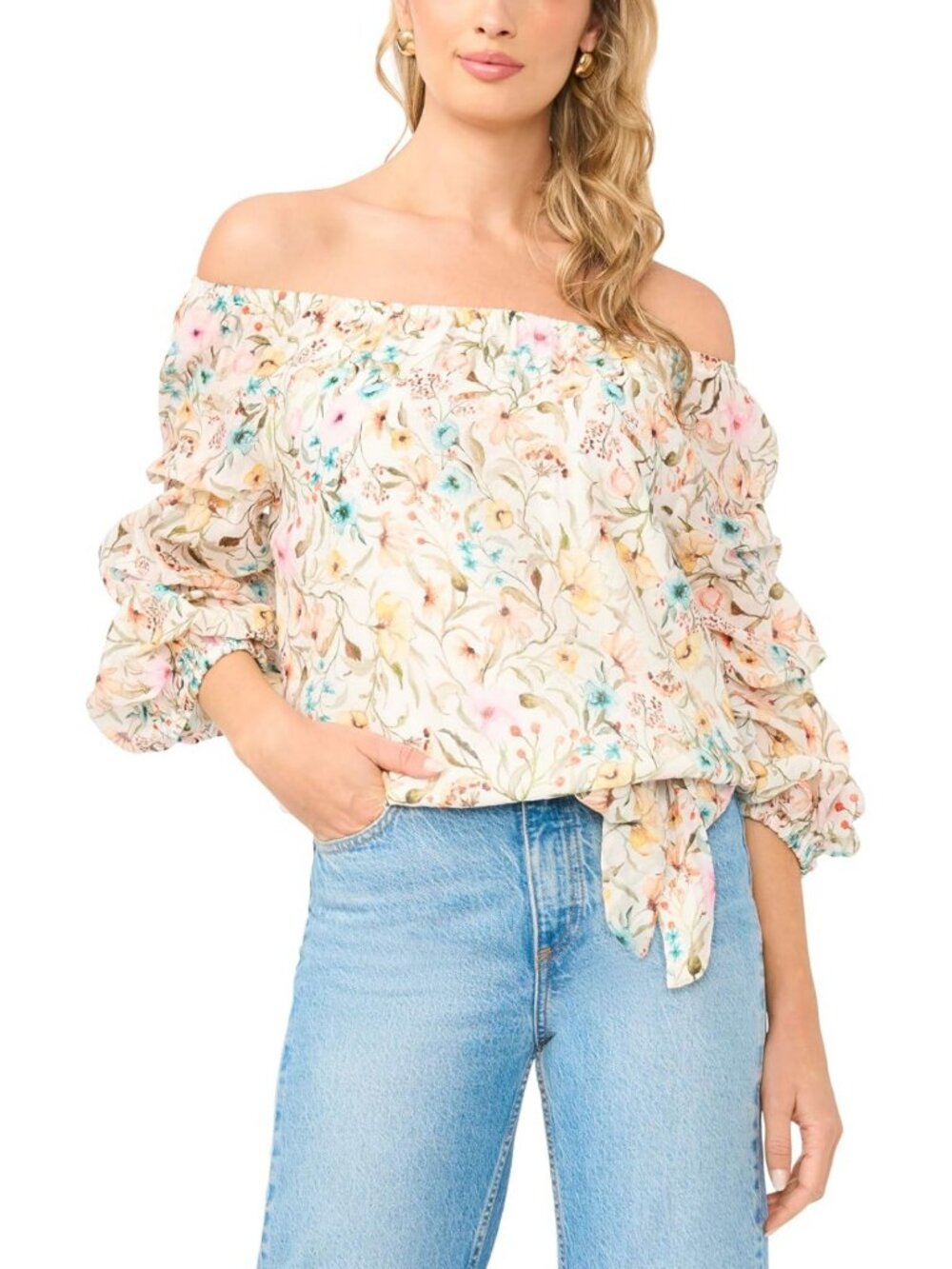 Chic Off the Shoulder 3/4 Sleeve Tie Blouse - Perfect for Day or Night Out